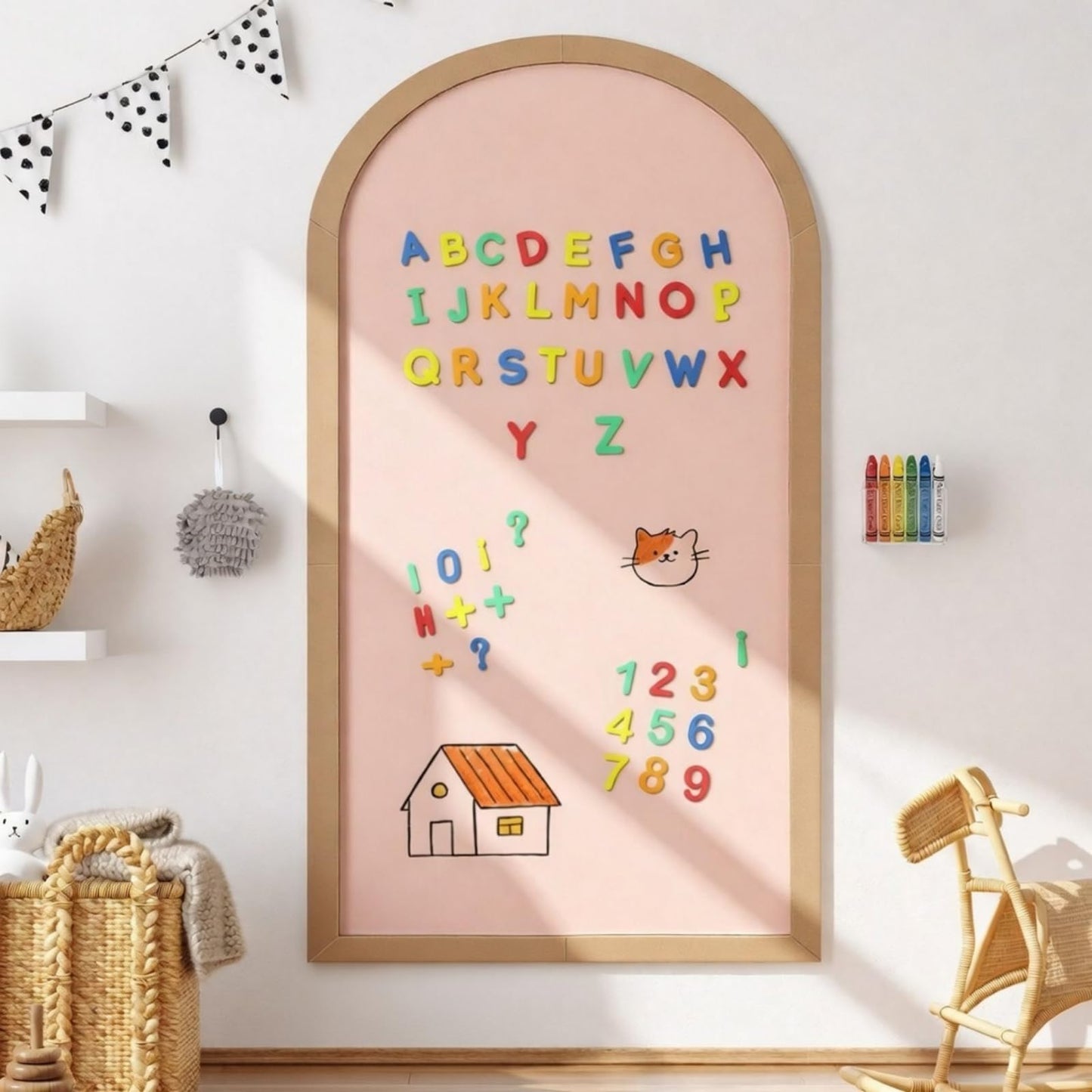 Feifeiya Dark Gray Large Magnetic Arch Wall Decal with Wooden Frame 40"x32" Arch Magnetic Chalkboard Self Adhesive Wall Board Sticker with 36 Magnet Letters Chalk Board Wallpaper Roll
