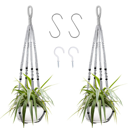 Augshy 2 Packs Macrame Hanging Planter, Indoor Hanging Planter Basket with Wood Beads Decorative Macrame Pot Hanger for Home Decor (Grey)