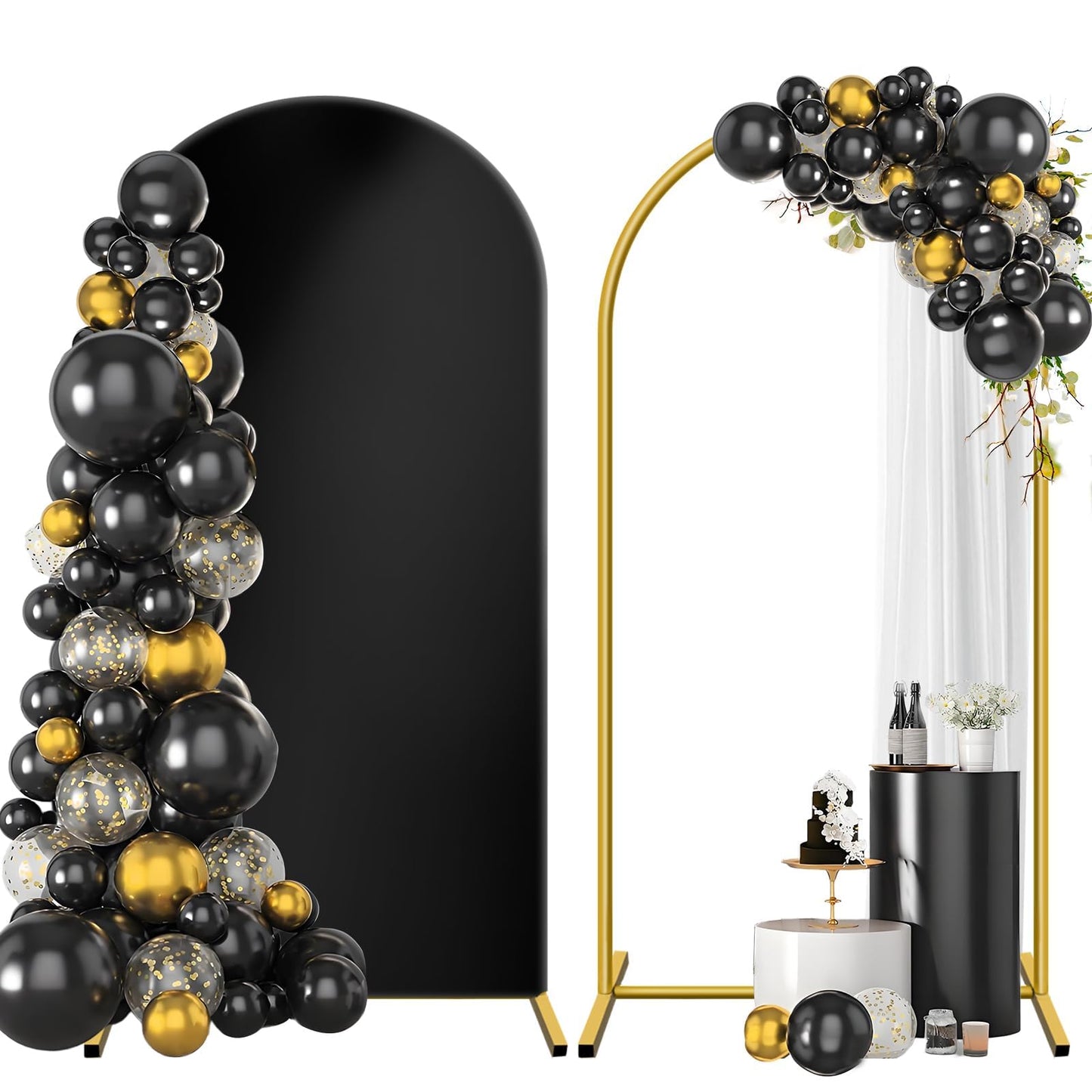 Metal Arch Backdrop Stand and Cover Set 7.2 ft, Wedding Arch Stand with Black Cover for Party, Birthday, Wedding, Bridal Shower, Baby Shower (Black, 7.2 ft)