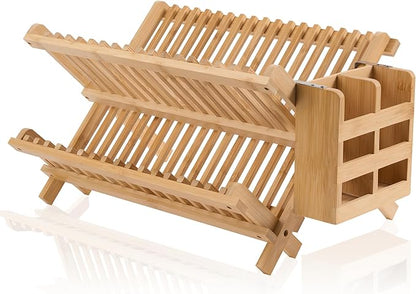 NOVAYEAH Bamboo Dish Drying Rack-2 Tier, Collapsible Small Dish Rack with Utensil Holder, Wooden Drying Rack for Kitchen Counter, Apartment Essentials Kitchen Plate Holder Organization 34 pcs Grid