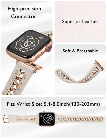 Minyee Leather Band Compatible with Apple Watch Bands 38/40/41/42/44/45/49mm Women,Dressy Designer Premium Leather Strap with Stainless Steel Metal Hollow-out Chain Bracelet for iWatch Ultra 2 Series
