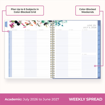 Blue Sky Kelly Ventura 2026-2027 Weekly and Monthly Academic Year Student Planning Calendar, July 2026 - June 2027, 8.5" x 11", Flexible Cover, Wirebound, Laminated Tabs, Storage Pocket, Magnetic & Snap In Book Marks, Includes Stickers, Blooming