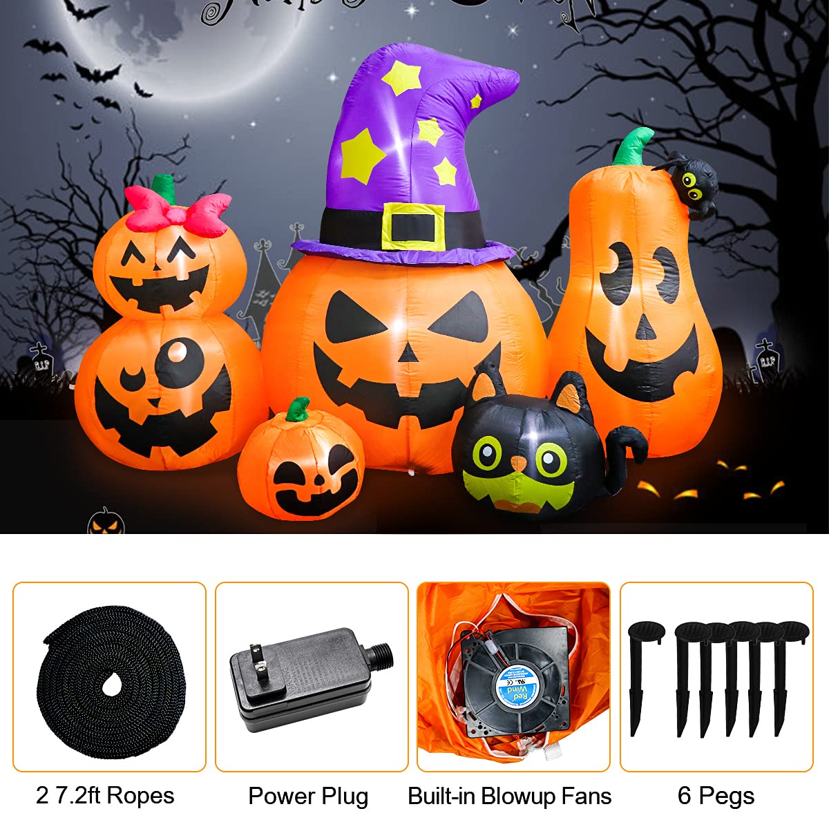 Meland 8FT Halloween Inflatable Pumpkins - Inflatable Halloween Pumpkin Lantern Family with Wizard Hat & Black Cat, Blow Up Outdoor Decor with Built-in LED Light for Yard Garden Lawn