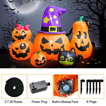 Meland 8FT Halloween Inflatable Pumpkins - Inflatable Halloween Pumpkin Lantern Family with Wizard Hat & Black Cat, Blow Up Outdoor Decor with Built-in LED Light for Yard Garden Lawn