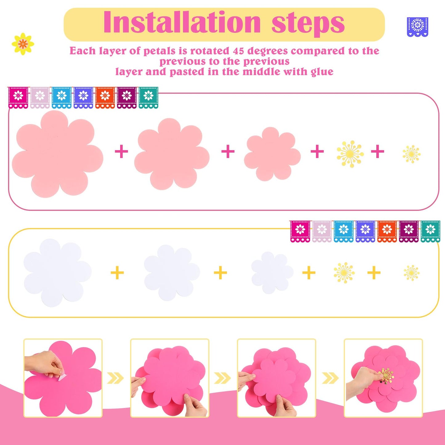 Mooliwe Paper Flowers Decorations for Wall DIY 3D Paper Bulletin Board Mexican Flowers Backdrop Decoration for Classroom Back to School Holiday Party(Pink White,10 Set)