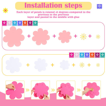 Mooliwe Paper Flowers Decorations for Wall DIY 3D Paper Bulletin Board Mexican Flowers Backdrop Decoration for Classroom Back to School Holiday Party(Pink White,10 Set)