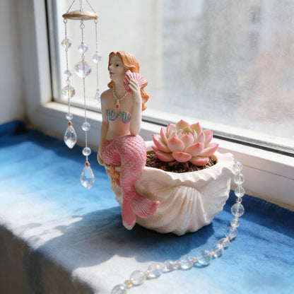 KARSTSYLVA Mermaid Resin Planter Statue, Conch Base Succulent Flower Pot for Home Garden Nautical Decor (Pink)