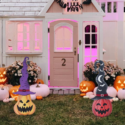 YEAHOME Halloween Decorations Outdoor, Set of 2 Pumpkin Garden Stakes with Witch Hats for Halloween Decor, Jack o' Lantern Metal Pumpkin Yard Signs for Outside Garden Lawn Patio Party Decorations