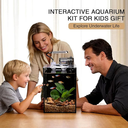 2.2 Gallon Betta Fish Tank, Small Aquarium Kit,Glass Small Fish Tank,Betta Fish Tank with a lid and Light and Filter, Small Transparent Glass Fish Tank with Light and Filter(Black Glass Background)