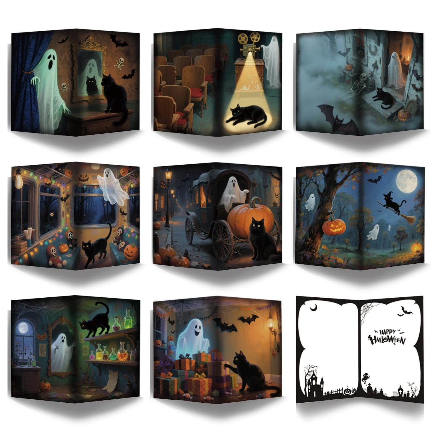 SuperShunhu 24 Pack Black Cat & Ghost Themed Halloween Card Set, Boxed Halloween Cards for Friends and Family, Spooky Blank Note Cards with Cats and Ghosts, 4 * 6 in