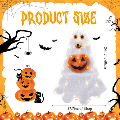 Retisee Lighted Halloween Ghost Dog Puppy with Pumpkin Outdoor Decoration Pre-lit 2D Tinsel Spooky Ghost Dog Halloween Lighted-up Party Courtyard Porch Garden Lawn Display Decor, Not Include Battery