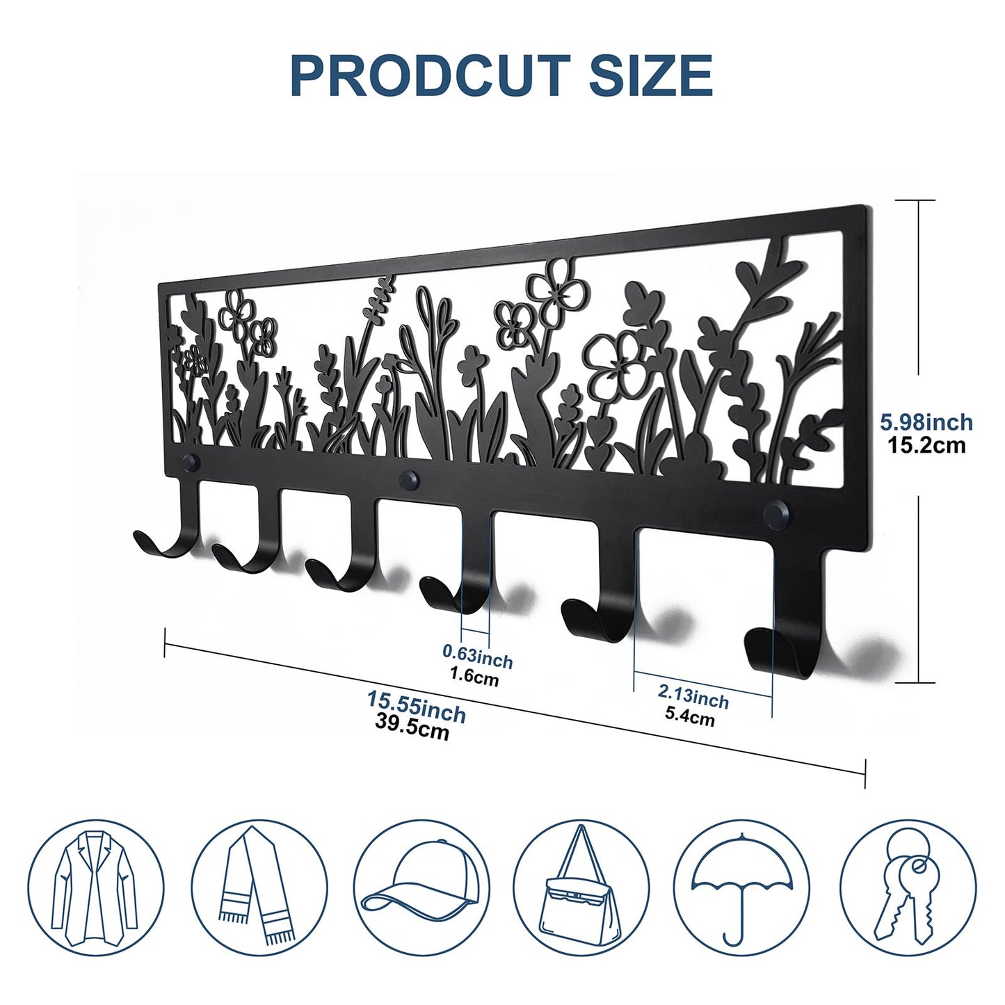 MUYUSEN Floral Wall Mounted Coat Rack with 6 Hooks Decorative Black Metal Hanger for Coats, Hats, Bags, Keys,Towels - Ideal for Hallway, Bathroom, Kitchen, Office (15.55x5.98x1.22 Inches)