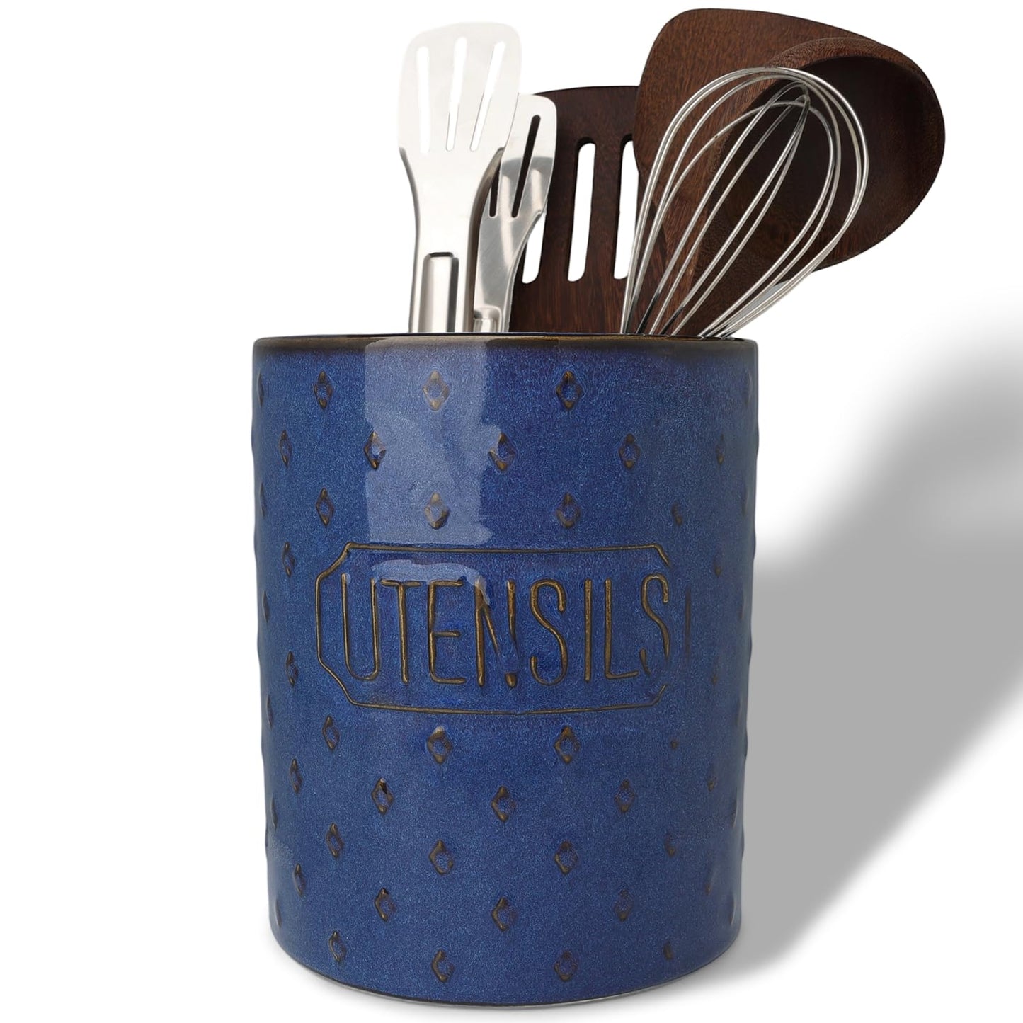 GDCZ 7 Inch Utensil Holder, Ceramic Utensil Crock for Countertop, Cooking Tool Organizer for Kitchen Counter, Farmhouse Kitchen Decor (Blue)