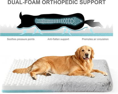 XL Orthopedic Dog Bed for Large Dogs, Dual-Layer Memory & Egg-Crate Foam, Washable Warm Winter Plush Cover, Waterproof Liner, Non-Slip Bottom, Crate/Kennel Pad, 44 x 32 Inch, Gray