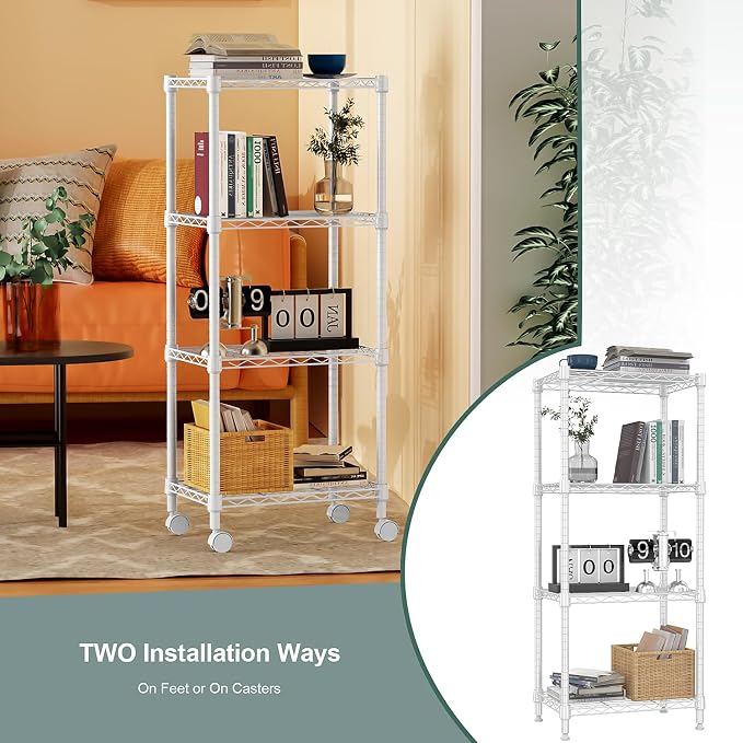 M MZG 1000 lbs 4-Shelf Adjustable Heavy Duty Steel Wire Rack, Adjustable Storage Shelving Unit with Wheel for Kitchen, Garage, Laundry White 11.8" D x 17.7" W x 40.8" H