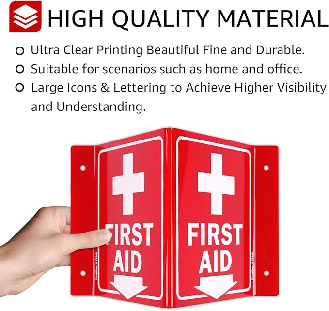 GicnKeuz First Aid Sign, 8" x 6" First Aid with Cross Symbol, Two-Sided Acrylic V-Sign for Business or Office or Wall Décor, Including Screws, Easy to Install (2 Pack)