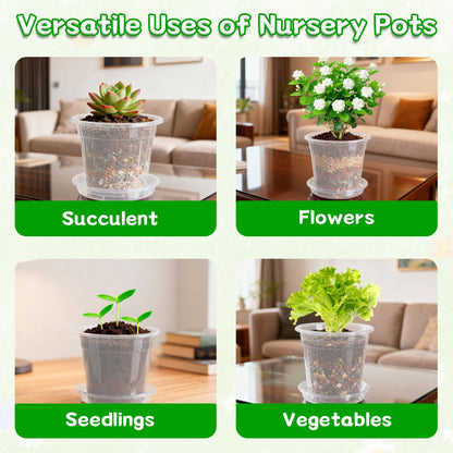FDKYOEK 30Pack Clear Nursery Pots with Drainage and Saucer, 3/4/5/6/7in Clear Plastic Pots for Plants Flowers Succulents Vegetables, Transparent Plant Pots with 100 Planter Labels for Seedling Starter