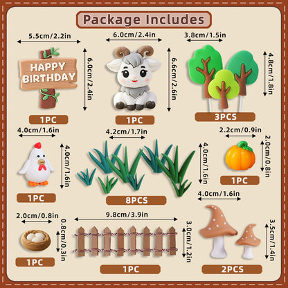 Rustic Farm Theme Cake Decorations Set - "Happy Birthday" Sign, Goat Figurine, Tree Accents, Chicken & Resin Pumpkin Decor, Grass & Fence & Mushroom Accessories, Premium Soft PVC Dessert Toppers