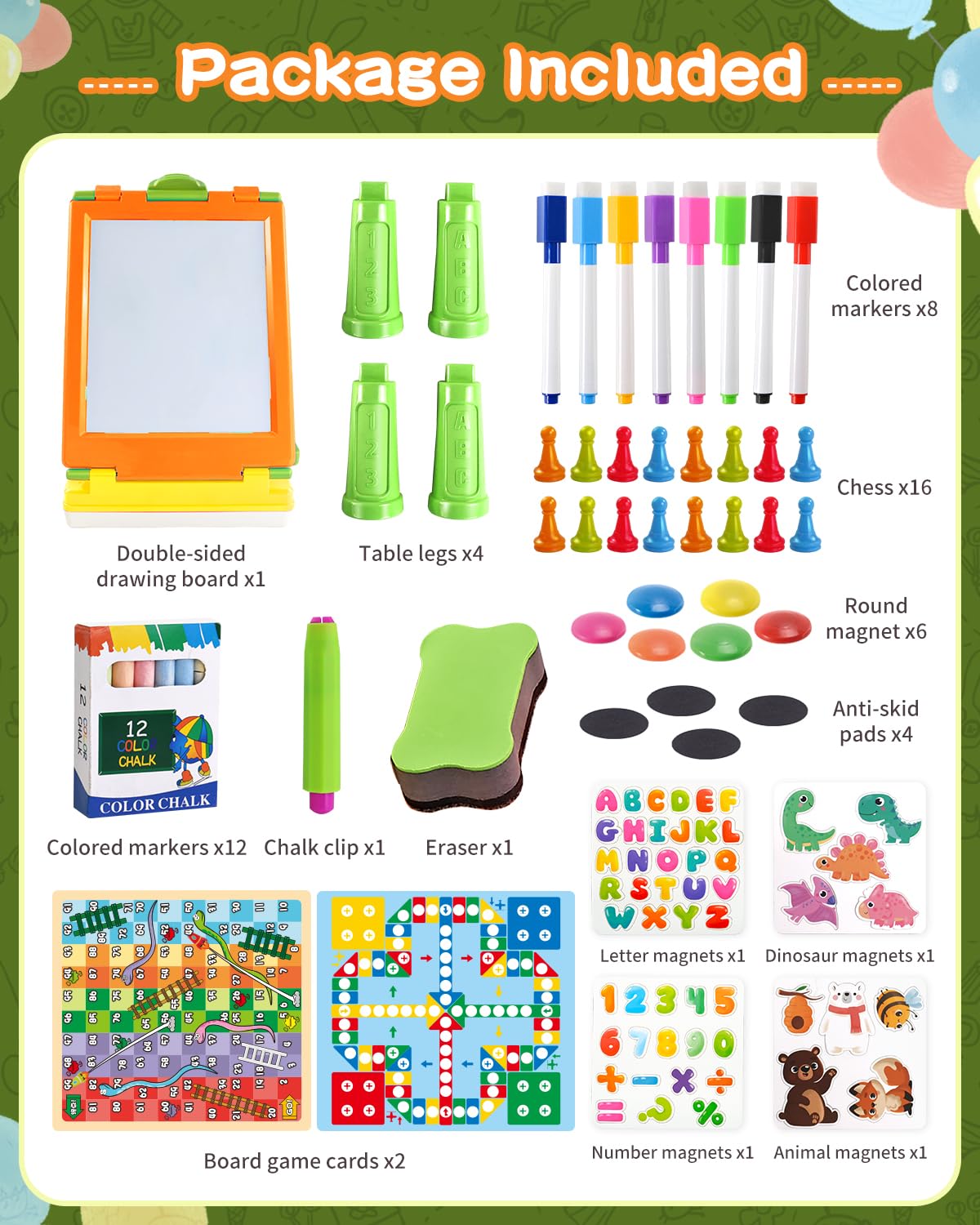 Elovien Easel for Kids, 4 in 1 Double Sided Toddler Art Easel with Chalkboard & Magnetic Whiteboard, Foldable Tabletop Easel with Drawing & Writing Accessories - Educational Gift for Boy Girl (Orange)