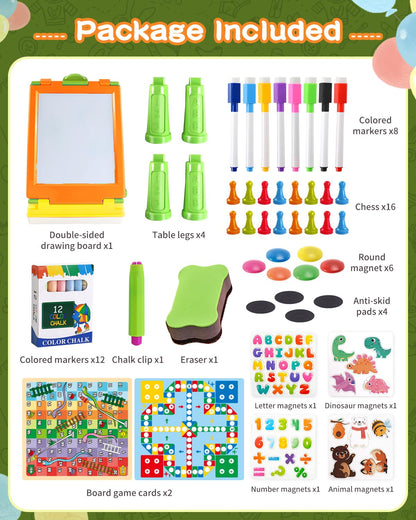 Elovien Easel for Kids, 4 in 1 Double Sided Toddler Art Easel with Chalkboard & Magnetic Whiteboard, Foldable Tabletop Easel with Drawing & Writing Accessories - Educational Gift for Boy Girl (Orange)