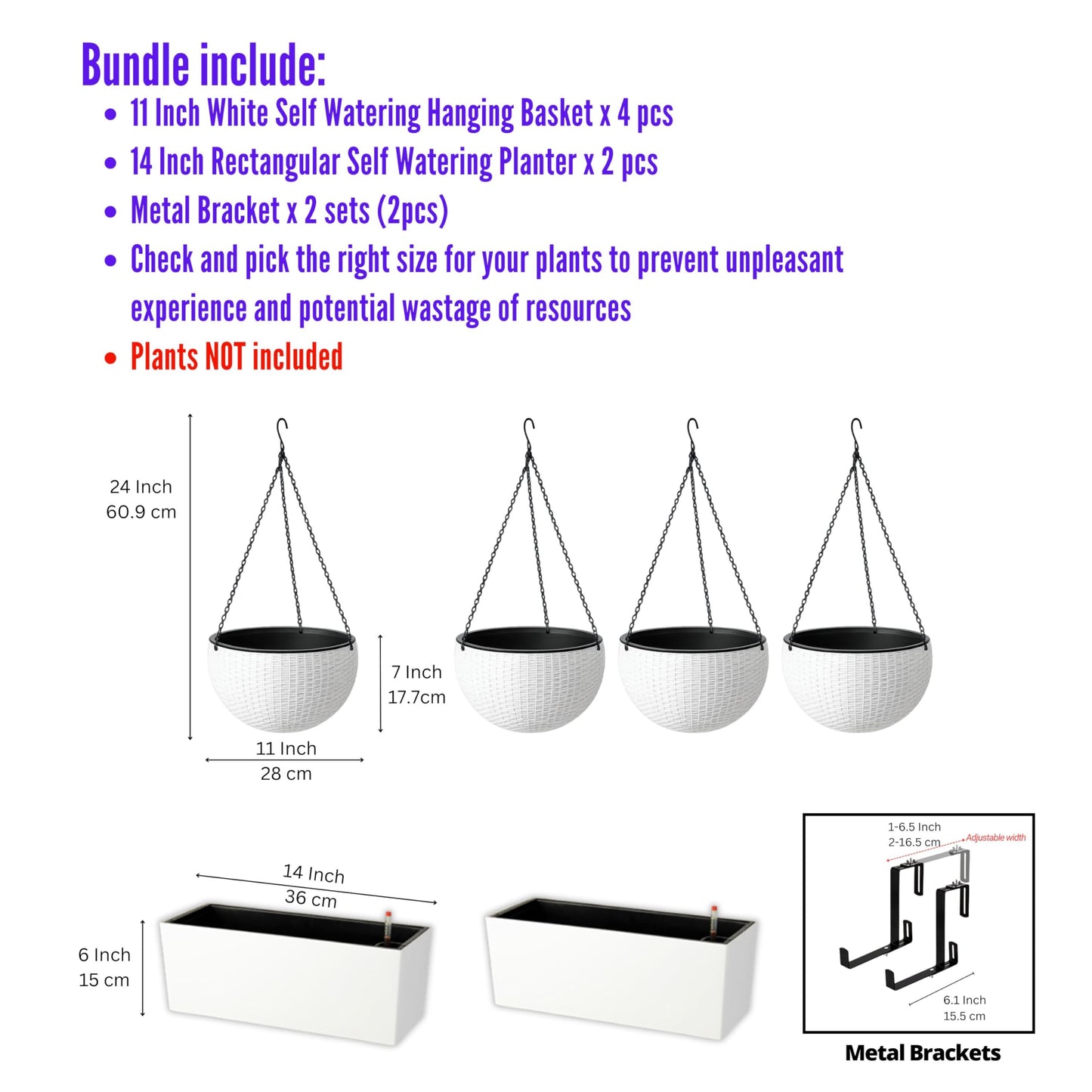LaLaGreen Bundle- 4 Pack, 11 Inch Self Watering Hanging Basket + 2 Pack, 14 Inch White Rectangular Planter Window Flower Box with Bracket Round Plant Pots Outdoor Balcony Patio Porch Deck Garden Decor
