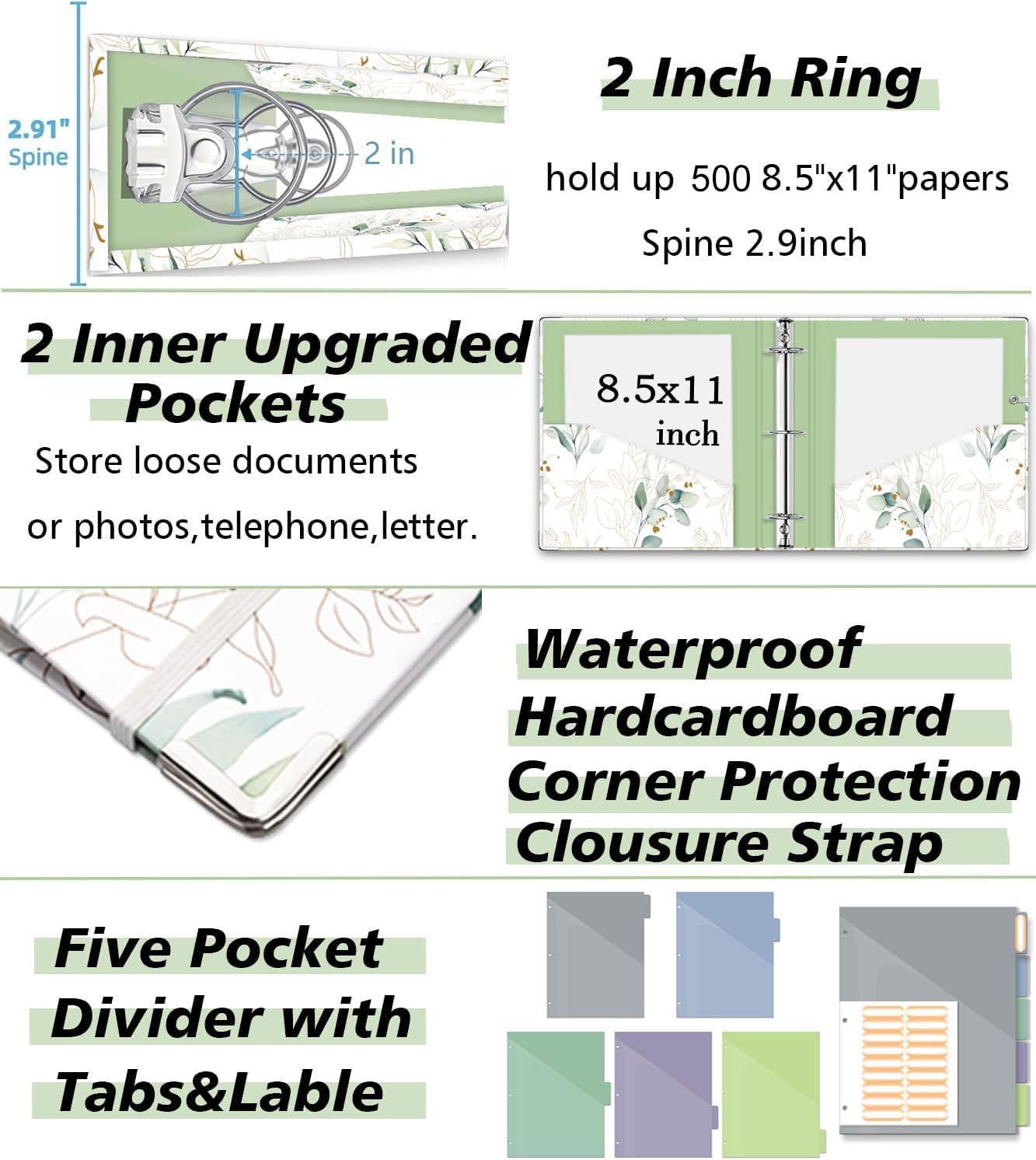 3 Ring Binder 2 Inch, Three Ring Binders Organizer with Clipboard, 5-Tabs Pockets Dividers, Plastic Folder, 18 Divider Stikers, KLLVE Cute Binder with Pen Loop (Leaves, Letter Size)