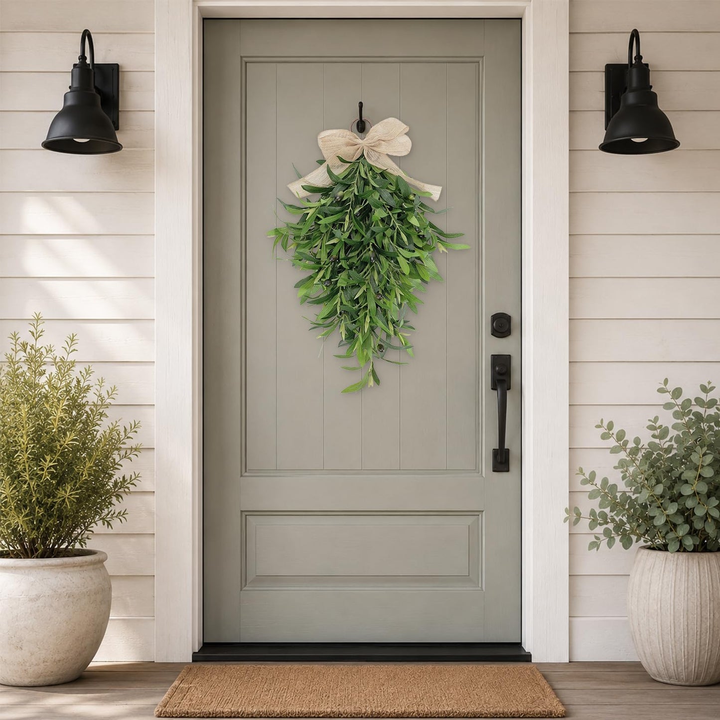 Artificial Olive Teardrop Swag Wreath for Front Door - 22 Inch Faux Greenery Wall Decor with Burlap Bow - Farmhouse Olive Branch Swag for Indoor Kitchen Entryway Wedding Arch
