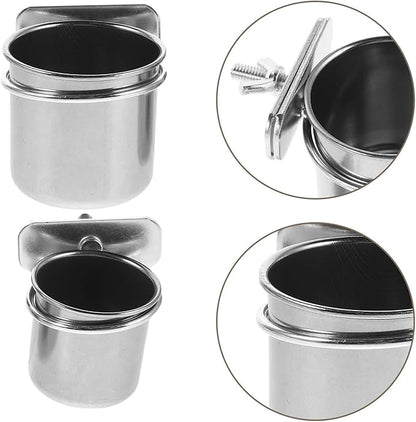 Toyvian 2pcs Stainless Steel Bird Feeding Cage Cups with Clamp Holder, 4.4cm and 5.5cm Parrot Food and Water Bowls for Small Birds Cage Accessories