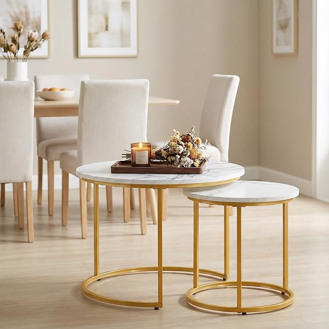 Round Nesting Coffee Table Set of 2, Modern Marble Pattern Wooden Nesting Tables, Stacking Minimalist End Table for Living Room Bedroom Small Space, (Glod Leg+White top)