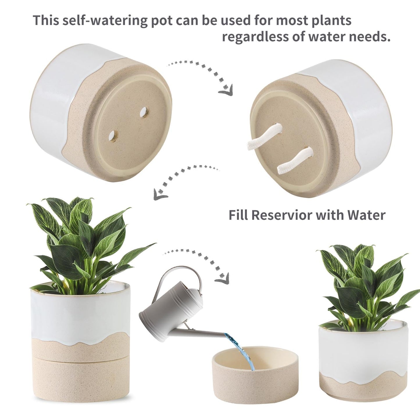 Nihow Self Watering Plant Pot: 4.5 Inch Ceramic Planter with Drainage Hole & Water Storage Plus for Indoor & Outdoor Plants - Cylinder Flower Pot for Herbs/Violets - White & Nature