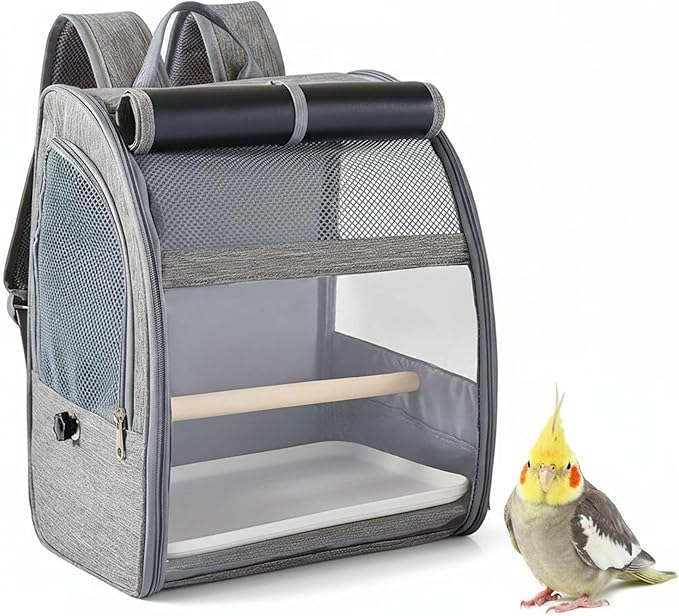Bosreroy Bird Backpack Carrier, Gray Pet Travel Cage with Mesh Window, Large Space for Parrots Cockatiels Pigeons, Portable with Removable Perch and Tray 12.2 X 9.6 X 15 in