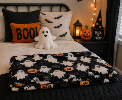 Halloween Fleece Throw Blanket: Jack O Lantern Pumpkins White Ghosts and Spiderwebs on Soft Black Velvet for Sofa, Couch, Chairs and Bed, 50" x 70"