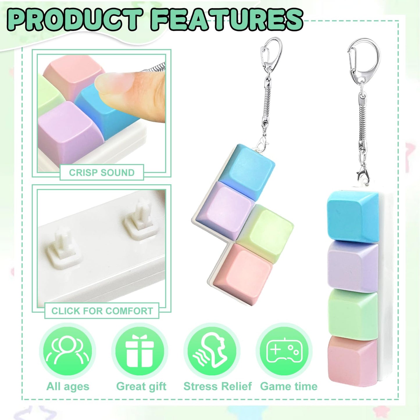 5 Pcs Keyboard Fidget Toy,Mechanical Key Board Button Clicker Keychain,Keycap Clicky Stress Relief Gift Office Toy to Pass The Time(Macaron Colors)