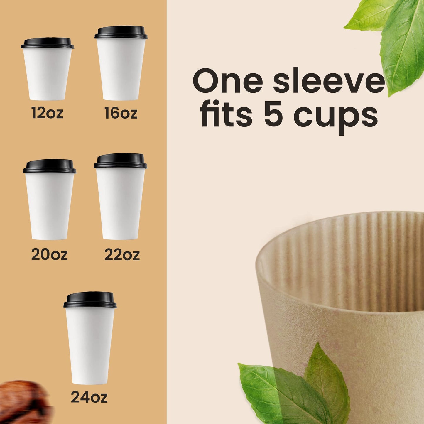 Homelance Coffee Sleeves 500 Pcs – Corrugated Brown Kraft Paper Cups Sleeves Fit 12oz, 16oz, 20oz, 22oz & 24oz Cups – Recyclable & Disposable – Perfect for Hot Drinks in Cafes & Offices (PACK OF 500)