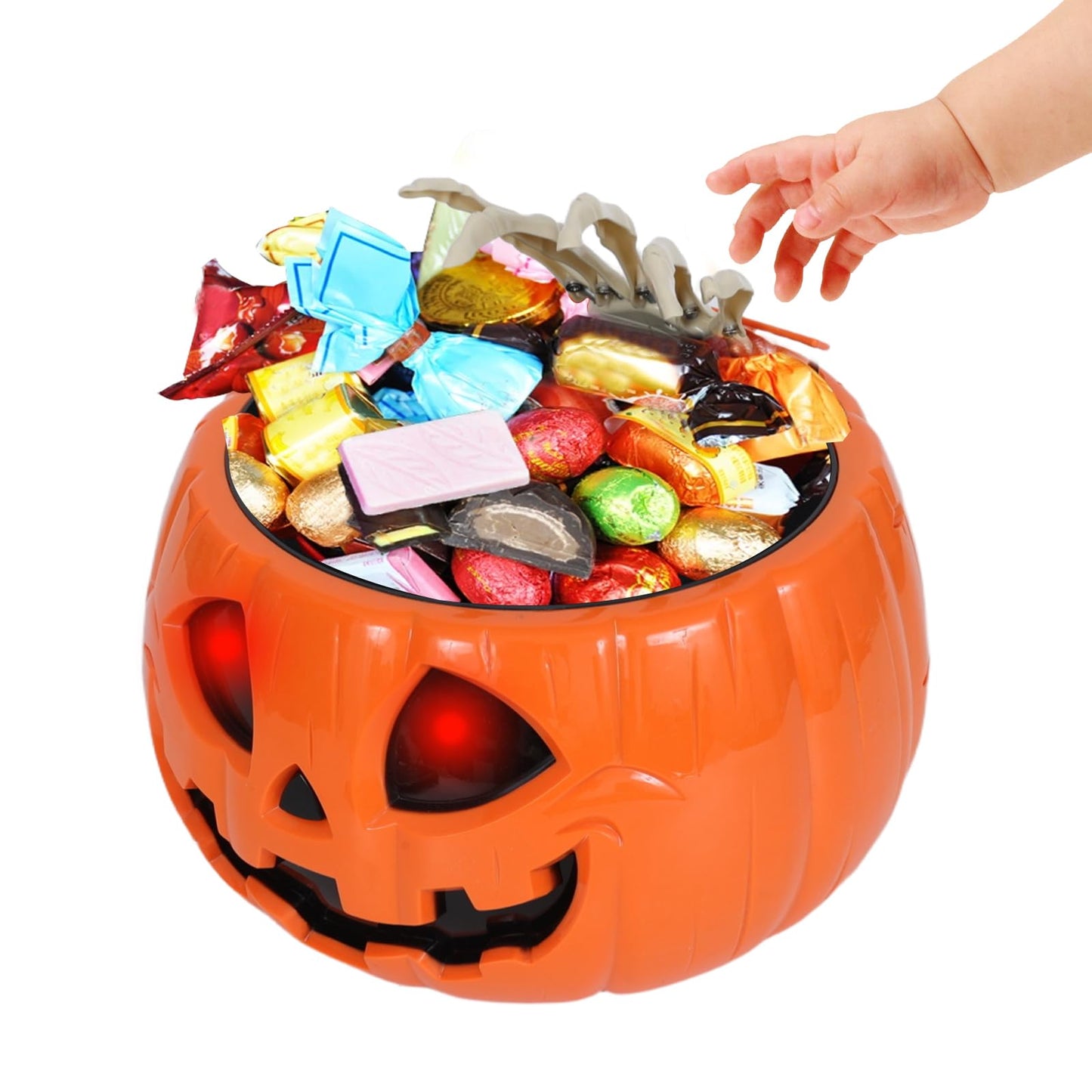 Animated Halloween Skull pumpkin Bowl trick or treat bucket talking large funny scary candy Bowl dispenser for porch hand grabber Candy treat plastic Dish with hand Creepy Moving supplies tray