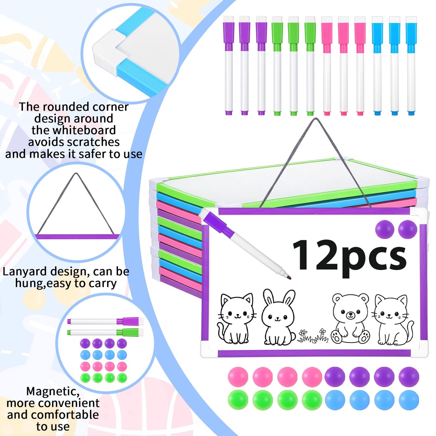 12 Set Hanging Magnetic Dry Erase Board, 11.8" x 7.68" Small Double-Sided Whiteboard Kit for Kids & Classroom, Includes Markers & Magnets (Pink, Blue, Green, Purple)