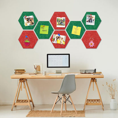 8 Packs Red Green Hexagon Felt Pin Board, 12" Bulletin Board with 30 Push Pins, Felt Board for Home Kitchen Office Decor, Self-Adhesive Corkboard Tiles for Walls Message Photos Memos Display