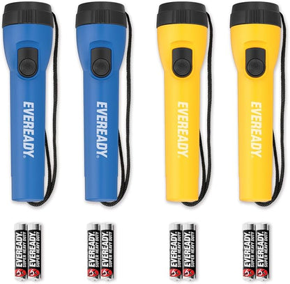 EVEREADY LED Flashlights (4-Pack), Bright Flashlights for Emergencies and Camping Gear, Flash Light with AA Batteries Included, Blue/Yellow (4-Pack)