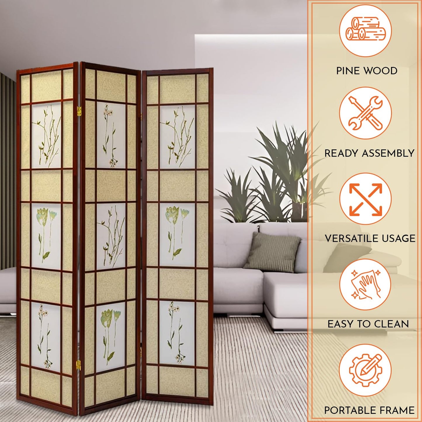 Legacy Decor Room Divider Screen - Freestanding Folding Privacy Screen, Pine Wood Indoor Room Partition, Botanical Floral Wall Divider for Bedroom, Office, Studio, 71 Inch Tall, Cherry - 4-Panel