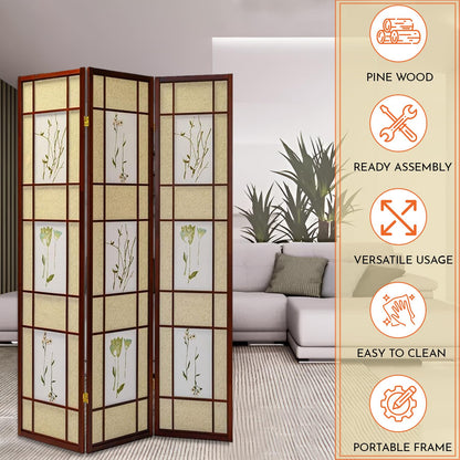 Legacy Decor Room Divider Screen - Freestanding Folding Privacy Screen, Pine Wood Indoor Room Partition, Botanical Floral Wall Divider for Bedroom, Office, Studio, 71 Inch Tall, Cherry - 4-Panel