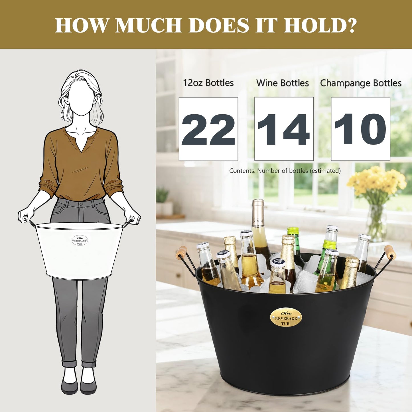 5.5 Gallon Large Beverage Tubs for Parties, 21L Ice Bucket with Wooden Handles for Beer, Wine, Cocktails & Outdoor Events -Black