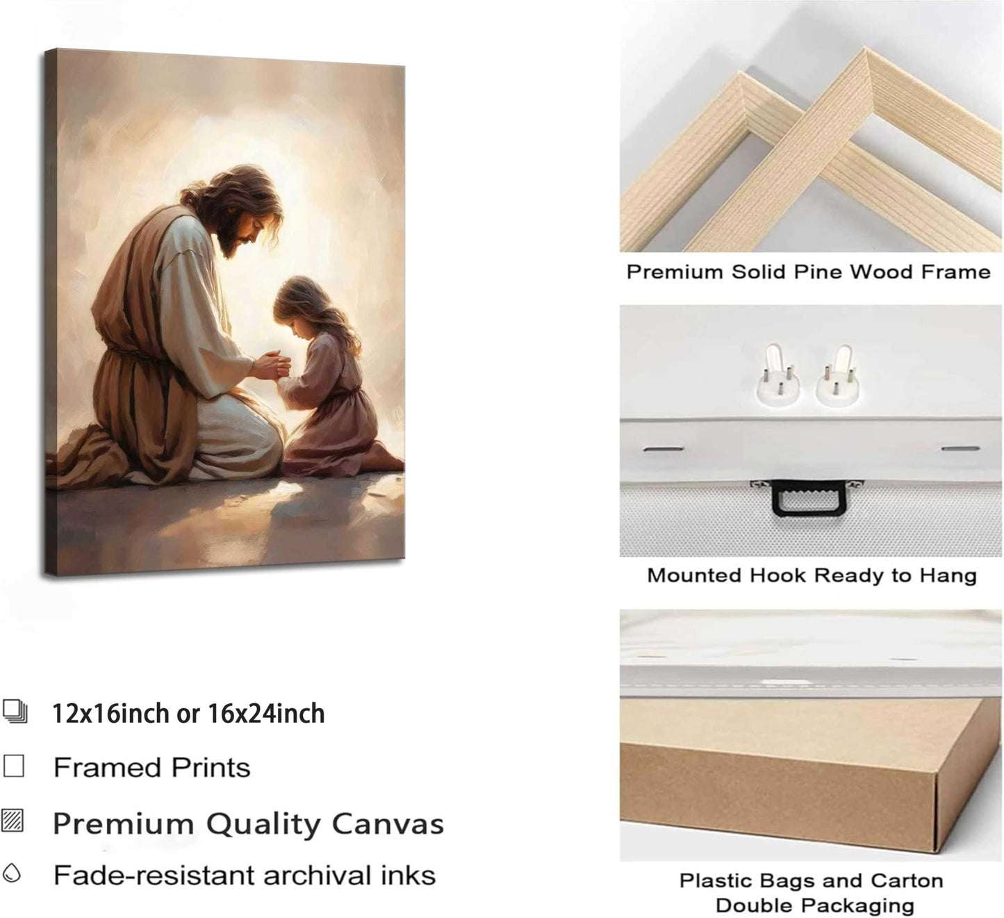 Jesus Praying with Girl Canvas Wall Art Christian Spiritual Posters Painting Religious Bible Story Prints Wall Decor Jesus Kid Pictures for Living Bedroom Room Church Home Decoration Framed