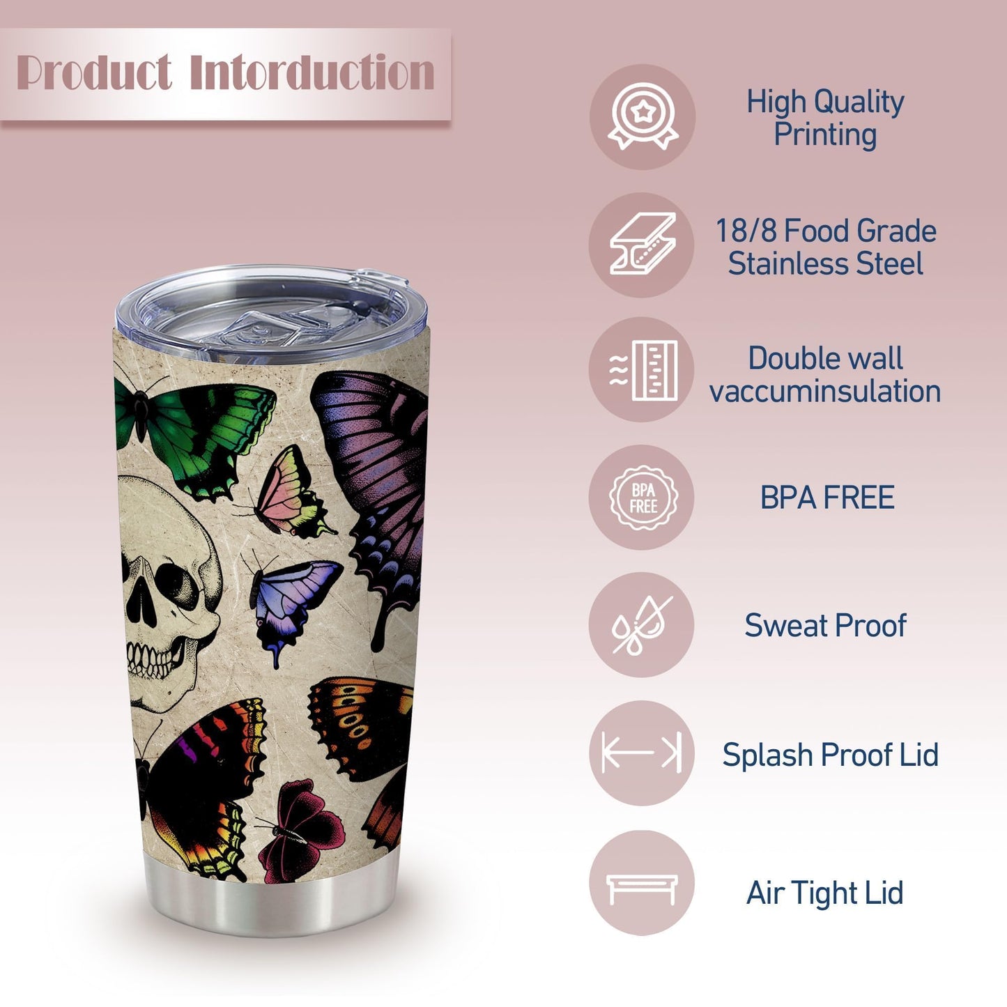 Evil Eye Butterfly Skull Gothic Witchy Tumbler,20 Oz Insulated Stainless Steel Iced Coffee Tumbler with Lid,Funny Travel Coffee Mug Cup Water Bottle,Goth Halloween Birthday Gifts for Women Men,1 Pcs