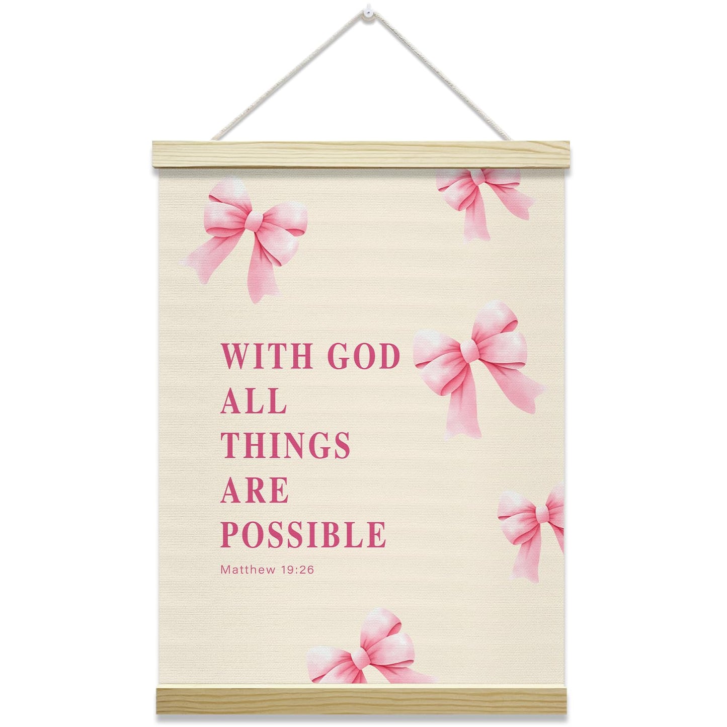 Pink Bow Coquette Poster Hanger Frame, With God All Things Are Possoble Bible Verse Christian Posters Canvas Wall Art for Women Girls Dorm Bedroom Decor, 12x16 Inches -031