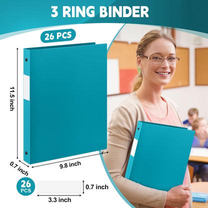 Henoyso 26 Pack 0.5 Inch Plastic 3 Ring Binder Round Ring, Bulk 1/2 Inch Flexible Binders Hold 140 Sheets Letter Size with Pocket, Document Organizer for Back to School Classroom Office (Turquoise)