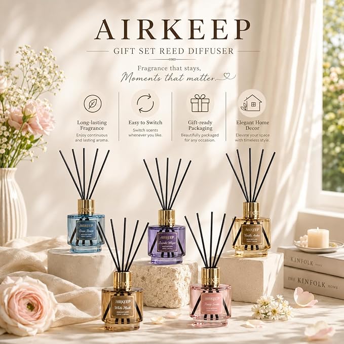 Airkeep Reed Diffuser Set with Refill & 8 Reed Sticks, 6.96 fl oz Vanilla Embrace Home Fragrance, Long Lasting Aromatherapy Diffuser for Bedroom, Bathroom & Living Room