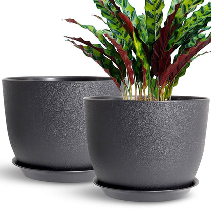 SE SUN-E 12 Inch 2 Pack Outdoor Flower Pots, Planting Pots with Saucers, Garden House Plants Planters with Drainage Hole Plant Pots Indoor Plants Black Color Plastic