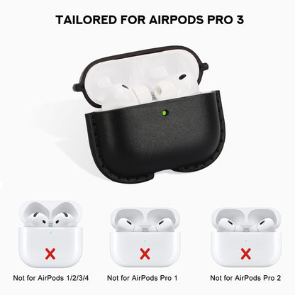 JusBumio Hand-Stitched Full Grain Vegetable Tanned Leather Case Compatible with AirPods Pro 3 (2025 Release), All-Leather Construction, MagSafe Ready, Unique Patina (Midnight Black)