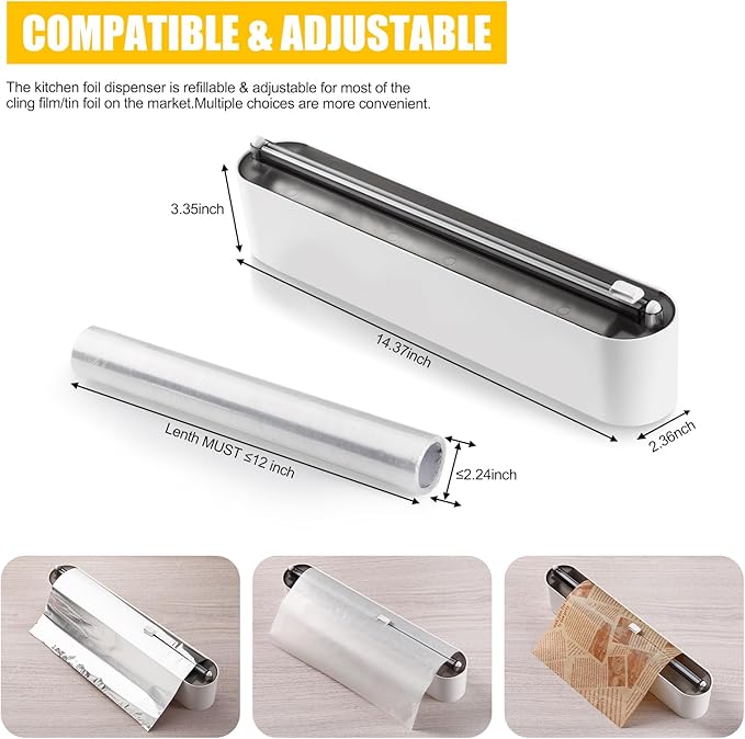 Aluminum Foil & Plastic Wrap Dispenser with Slide Cutter - Magnetic & No-Drill Wall Mount, Cling Film Dispenser for Worktops & Cabinets, Space-Saving Kitchen Organizer - Fits 12" Rolls, Black