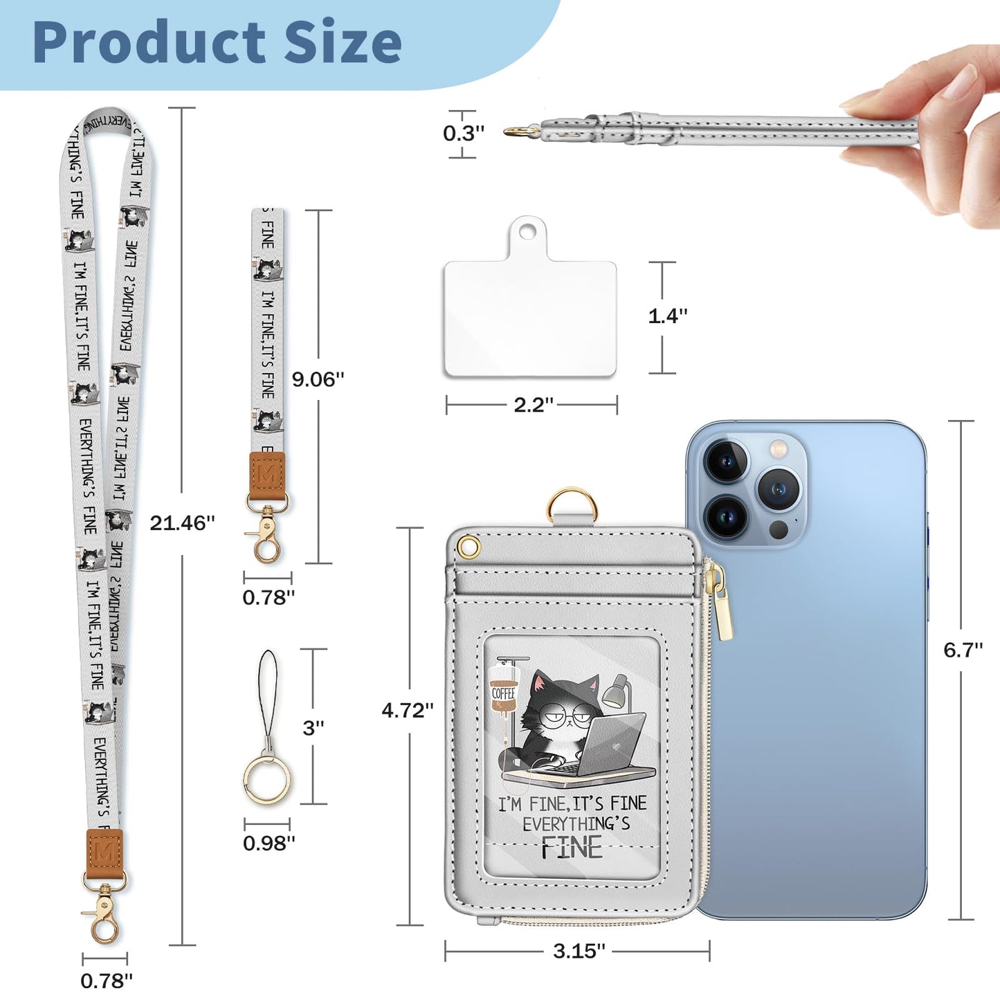 Mavellin Lanyard Wallet with Id Badge Holder, Funny Cat RFID Small Keychain Wallet Women Wristlet, Cute Zipper Credit Card Holder Phone Wrist Neck Strap for Key Name Tag, Teacher Office Work Gifts